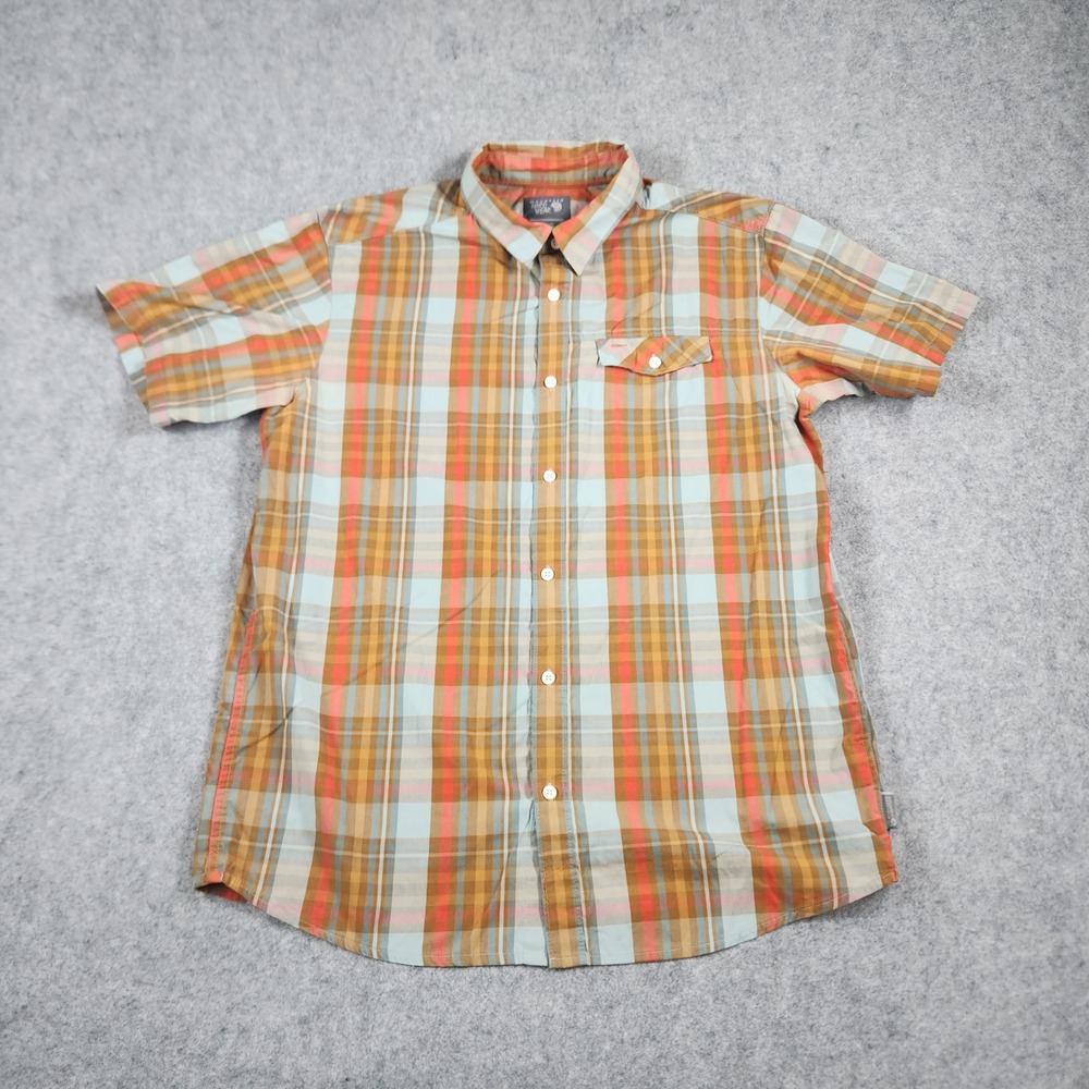 Mountain Hardwear Button Up Shirt Mens L Orange Plaid Short Sleeve Cotton Blend